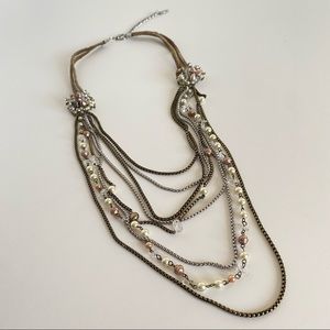 Coldwater Creek Long Layered Beaded Necklace Bronze, Silver, tan, and Cream